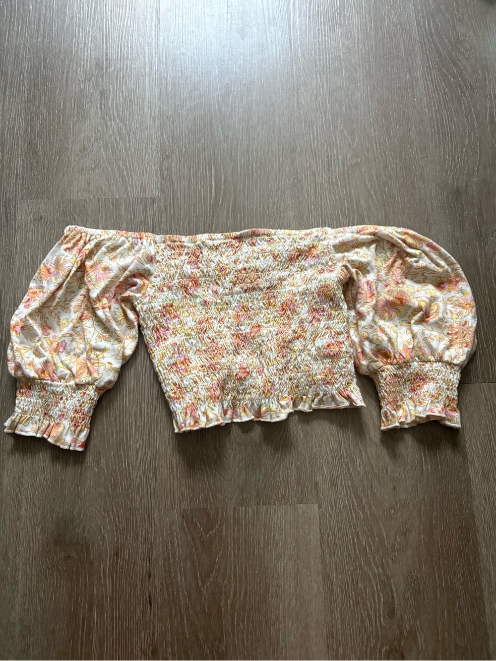 Billabong Cream Floral Smocked Off-Shoulder Crop Top